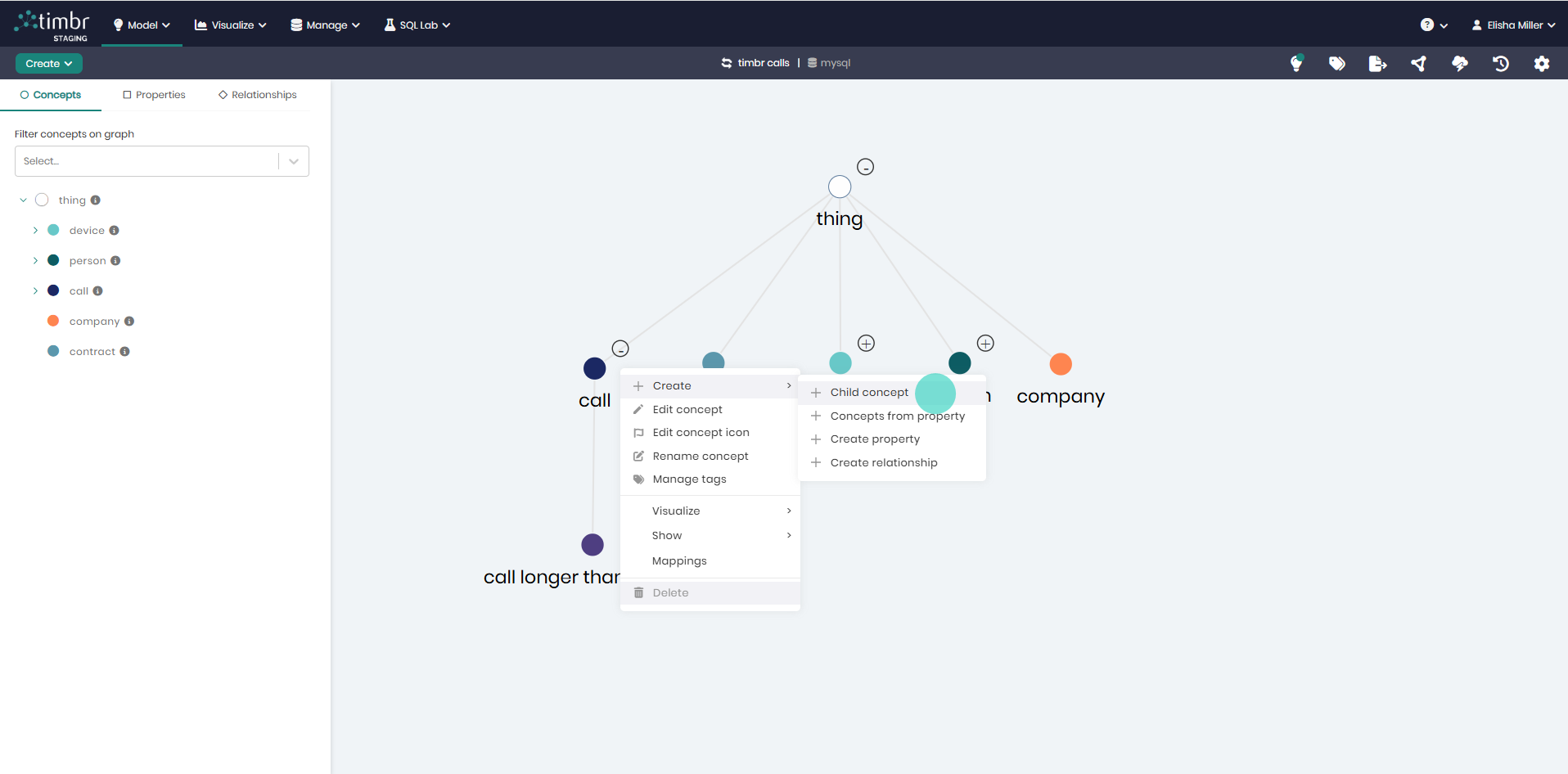 Ontology Modeling in Timbr - Right click concept click