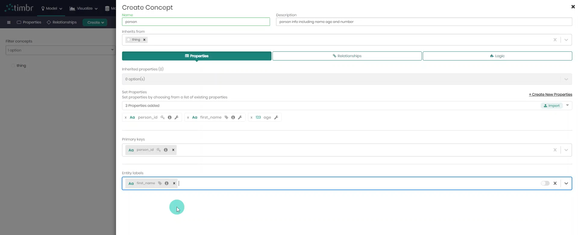 Ontology Modeling in Timbr - Property primary key