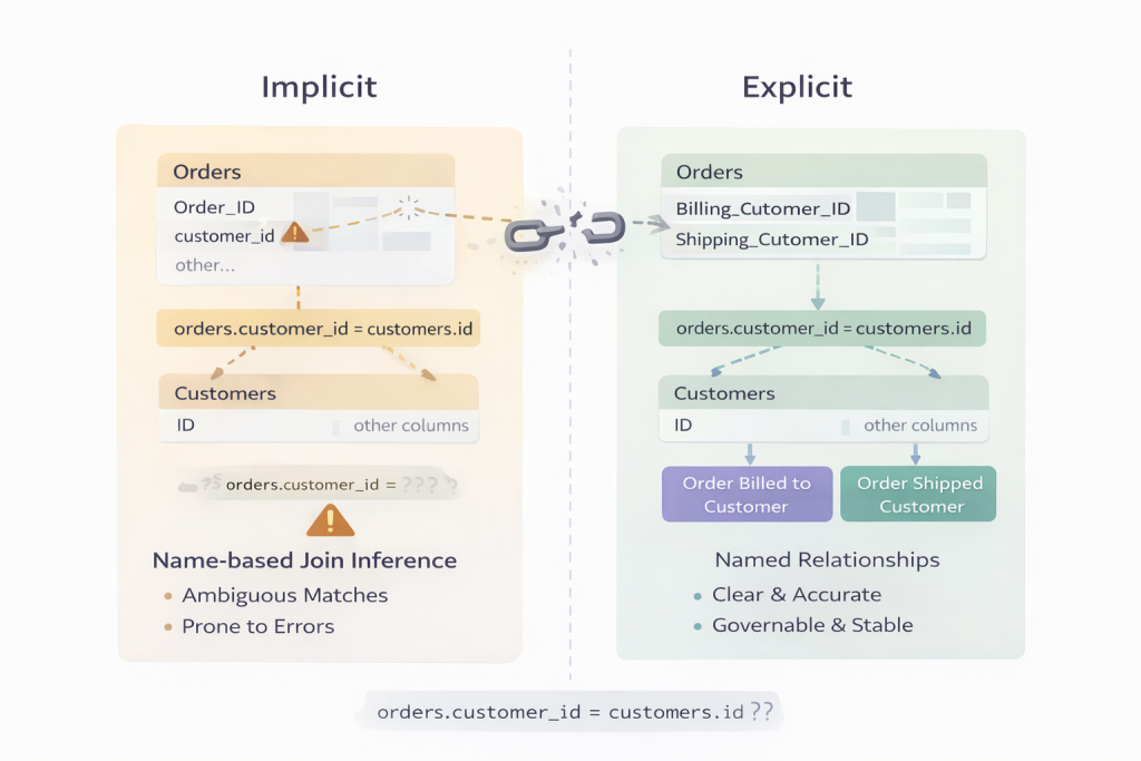 Side-by-side comparison showing implicit join inference breaking with multiple customer_id columns versus explicit relationship model with named relationships