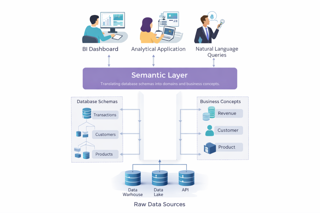 Diagram showing semantic layer positioned between raw data sources and business users, translating database schemas into business concepts