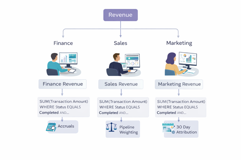 Illustration showing how a single Revenue metric fragments into three different definitions across Finance, Sales, and Marketing teams