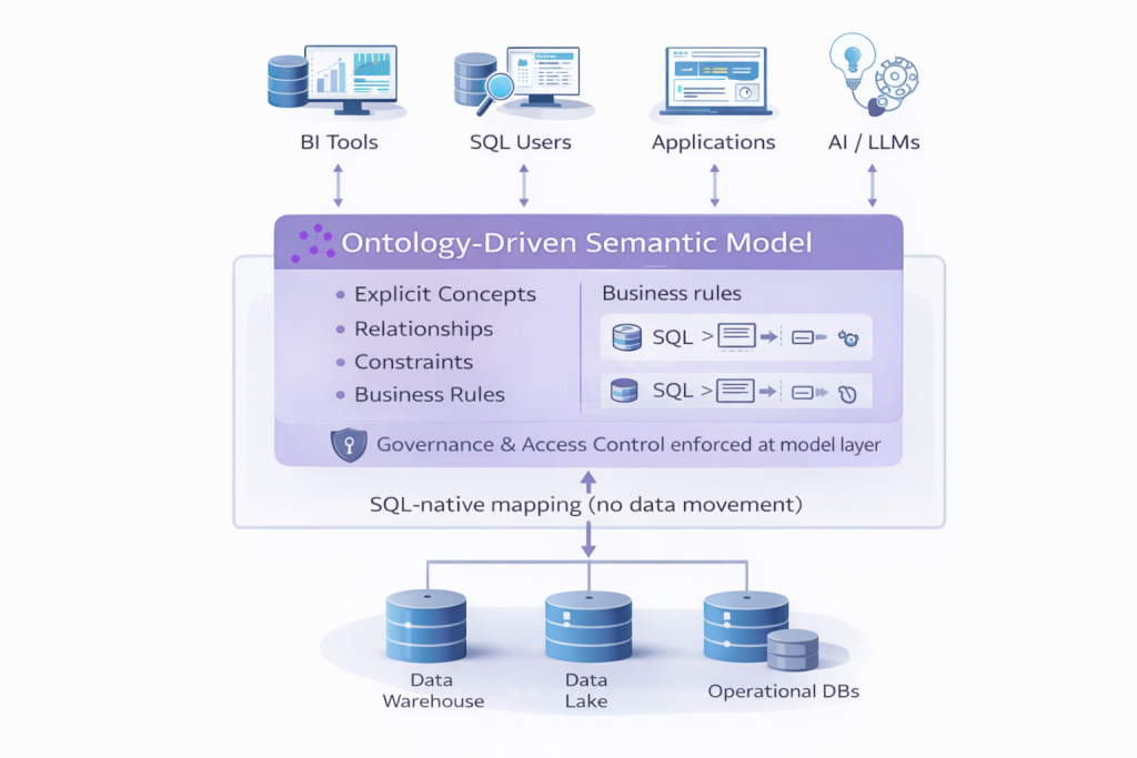 Architecture diagram showing Timbr's ontology-driven semantic layer with explicit concepts, relationships, and SQL-native mapping to data sources