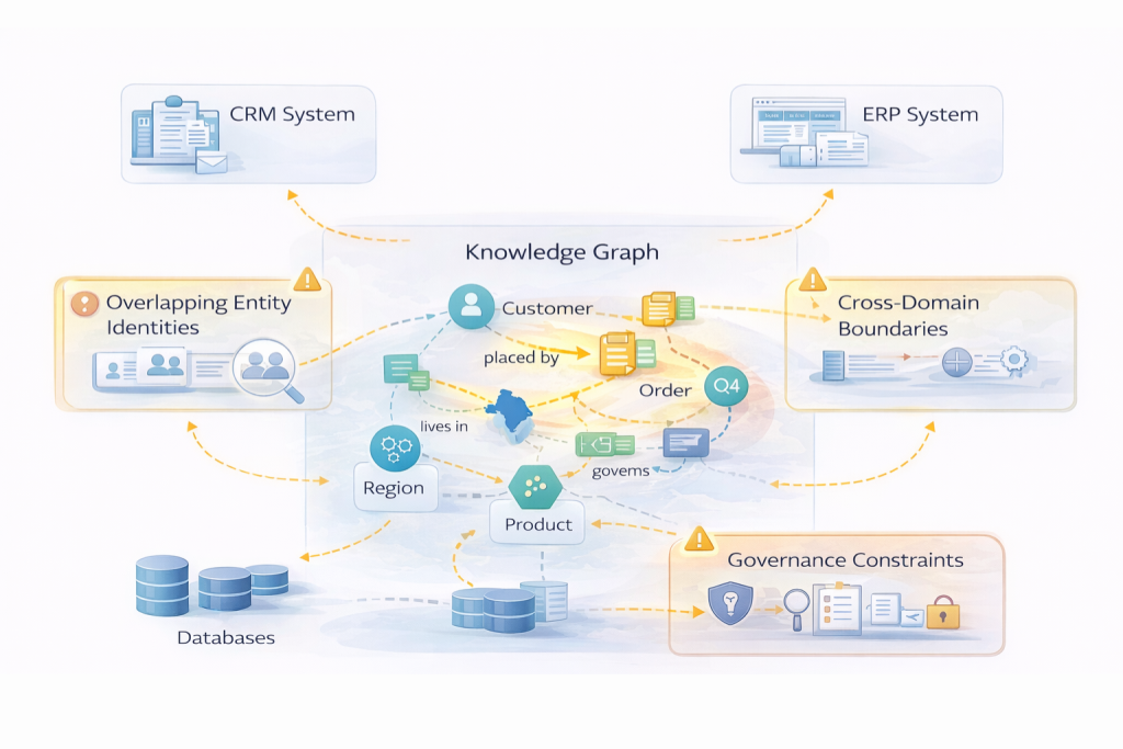 Diagram showing enterprise data systems (CRM, ERP, databases) contributing to a knowledge graph with highlighted challenge areas: overlapping entity identities, cross-domain boundaries, and governance constraints