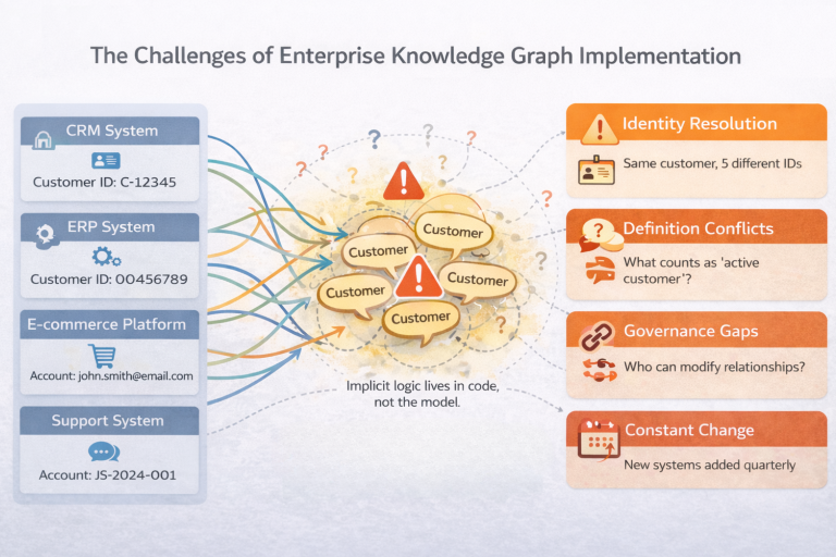 Diagram showing enterprise systems contributing data to a knowledge graph with identity and definition challenges