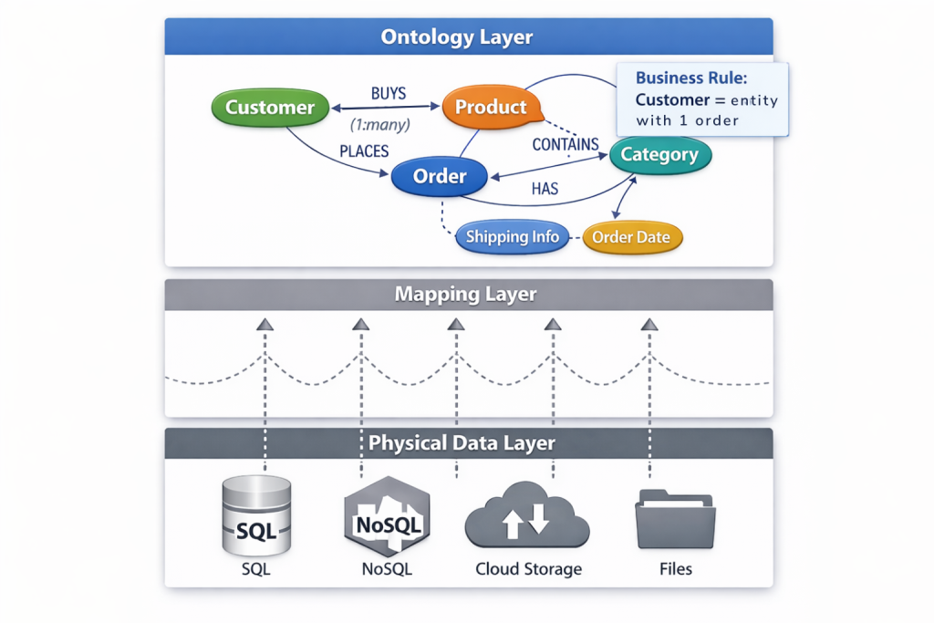 Layered diagram showing an ontology-based data model defining business concepts and named relationships above multiple physical database schemas and data sources