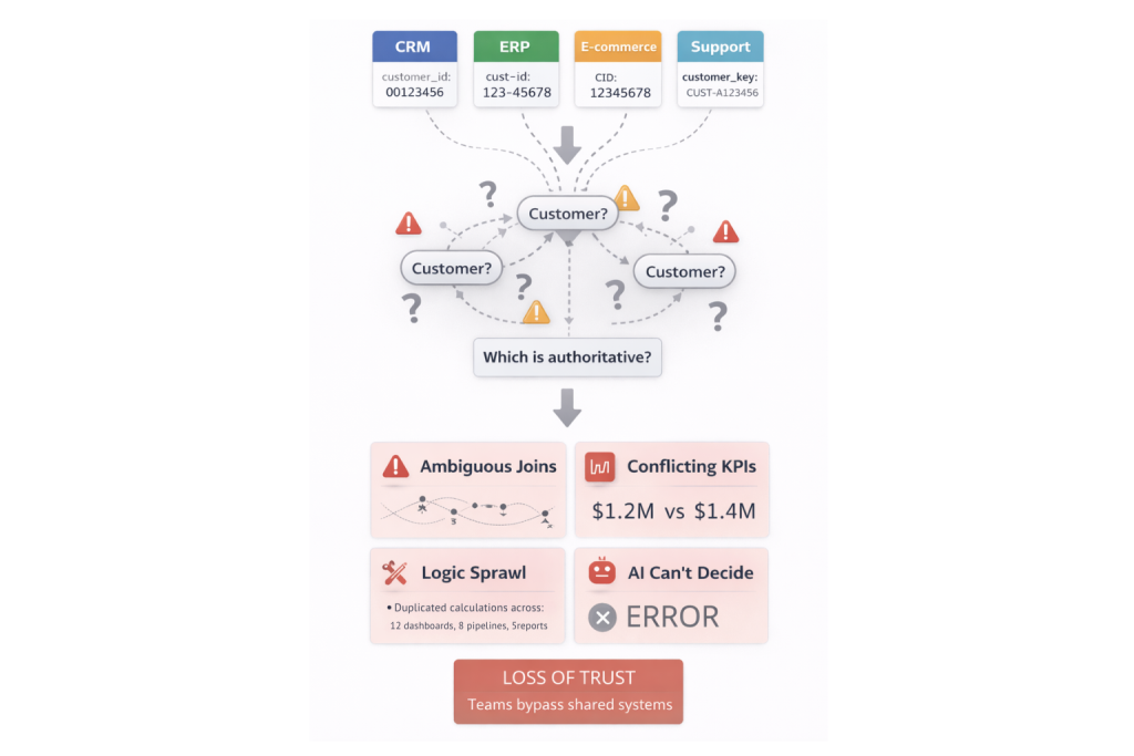 Diagram showing how conflicting customer identifiers across enterprise systems cascade into metric inconsistencies, duplicated logic, and system-wide trust failure